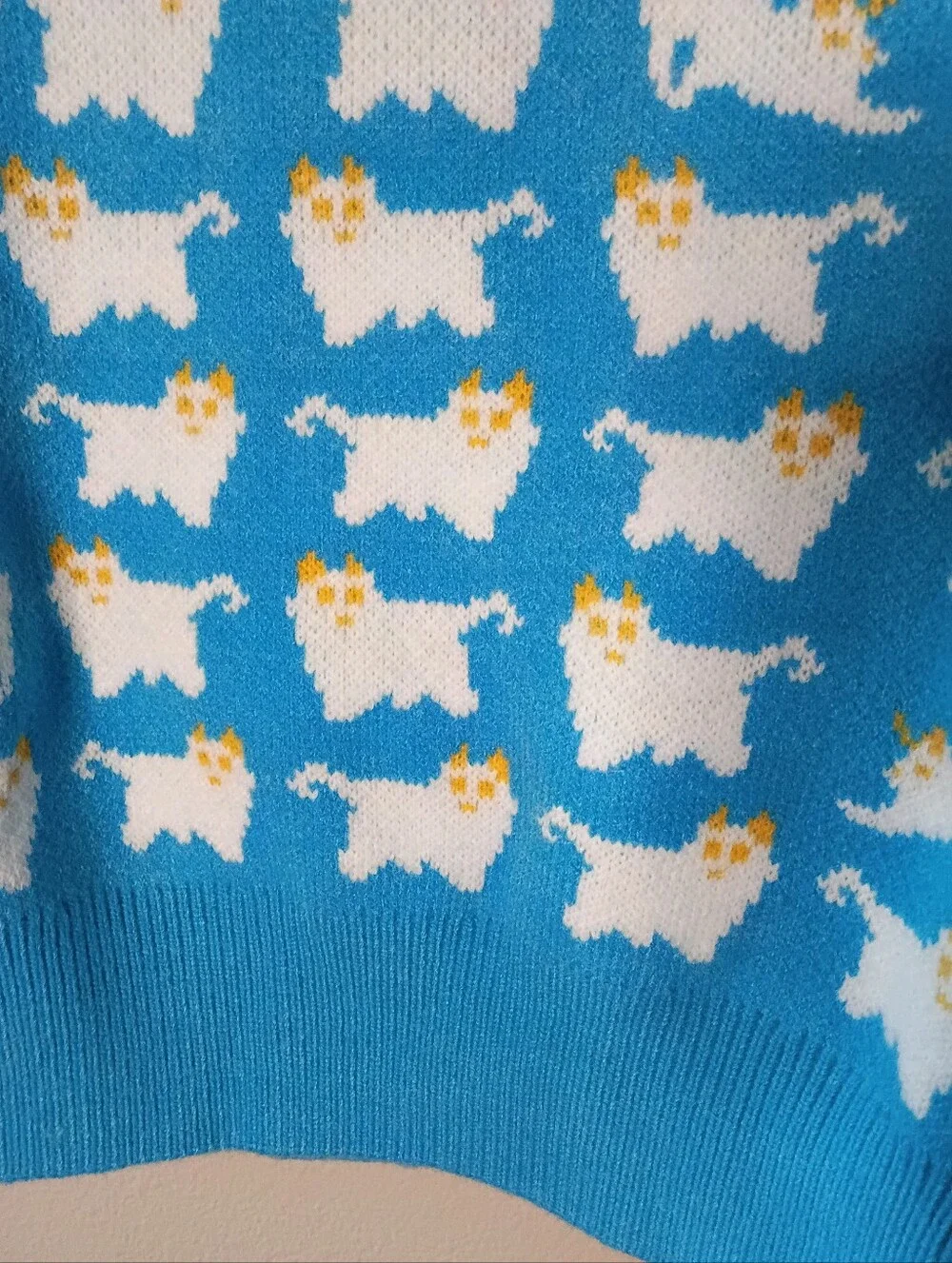 Cider Knit Sheep Cat Pattern Crop Sweater Sky Blue Long Sleeve Oversized XS NWT